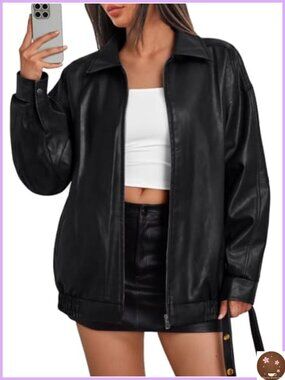 Women's Oversized Vegan Leather Moto Bomber Jacket Fall Winter